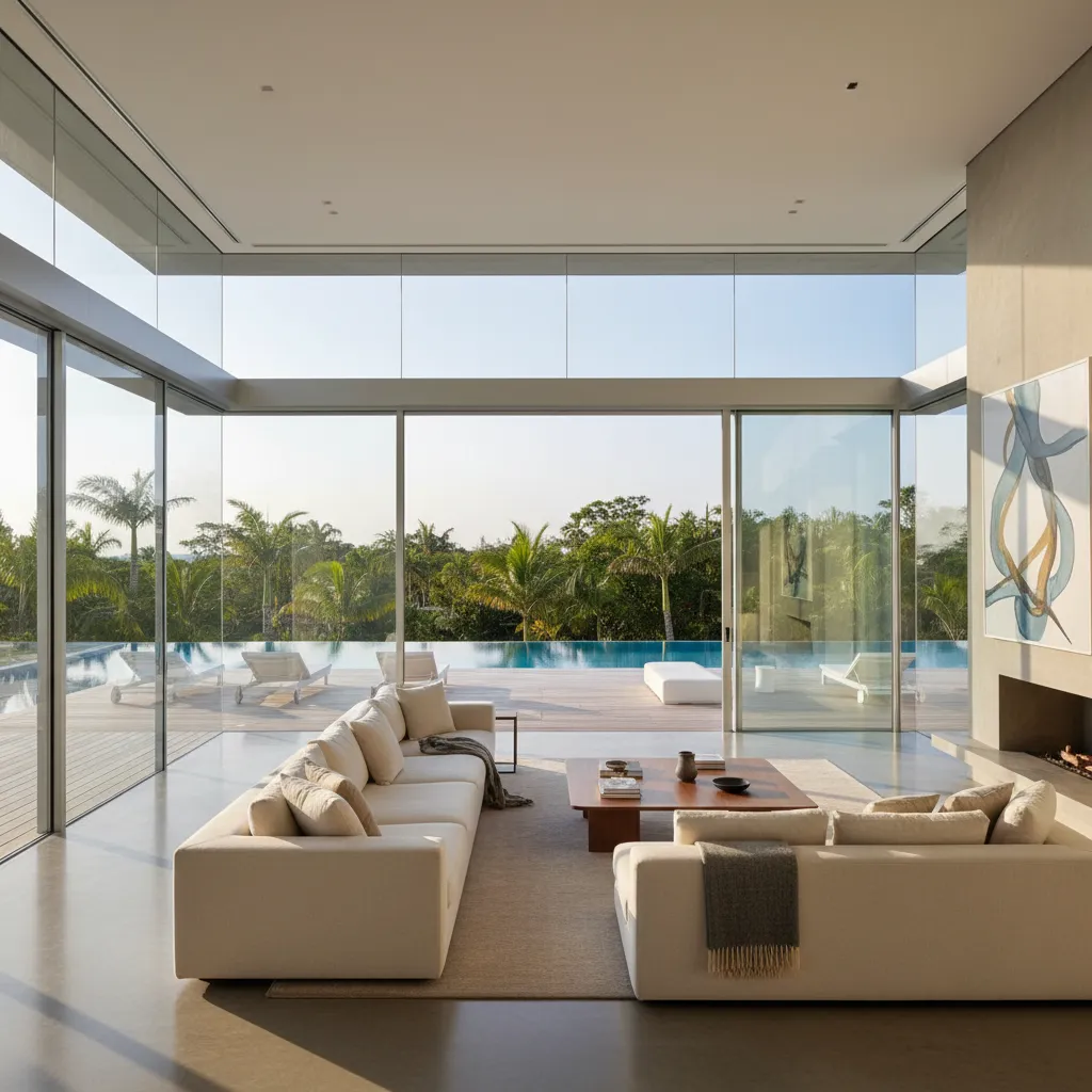 Modern L-shaped living room with seamless glass doors opening to a patio