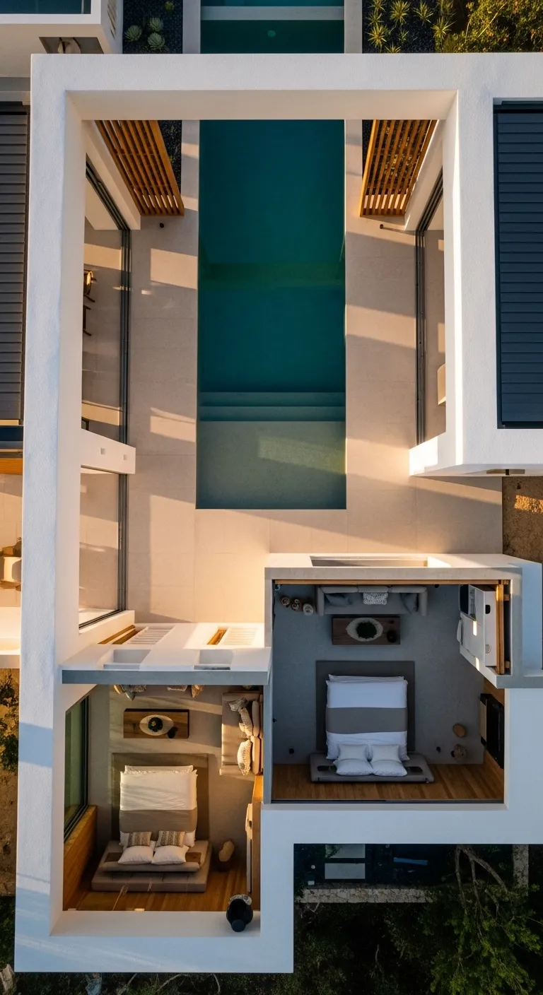 Modern L-shaped villa architecture with pool deck and sliding glass doors