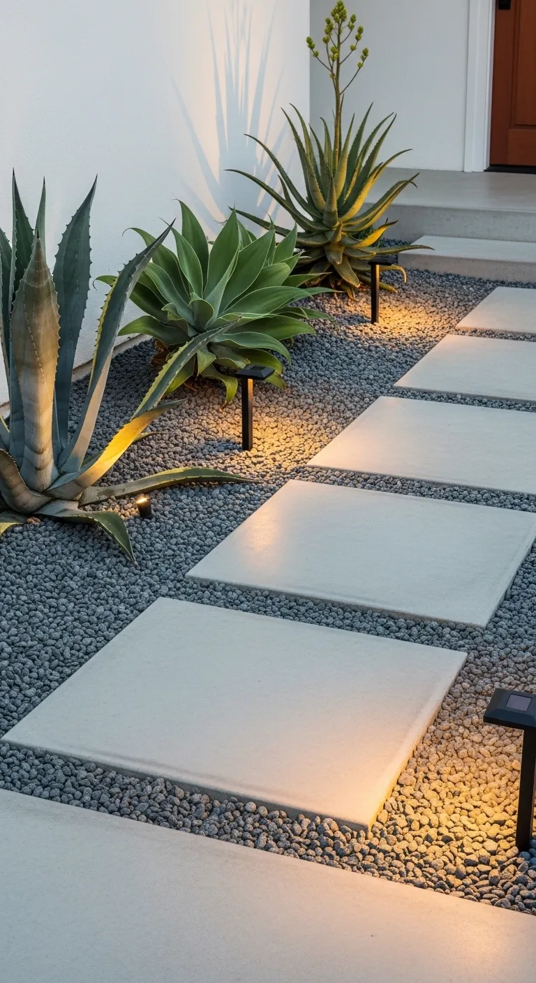 Small front yard landscaping with pea gravel and succulents