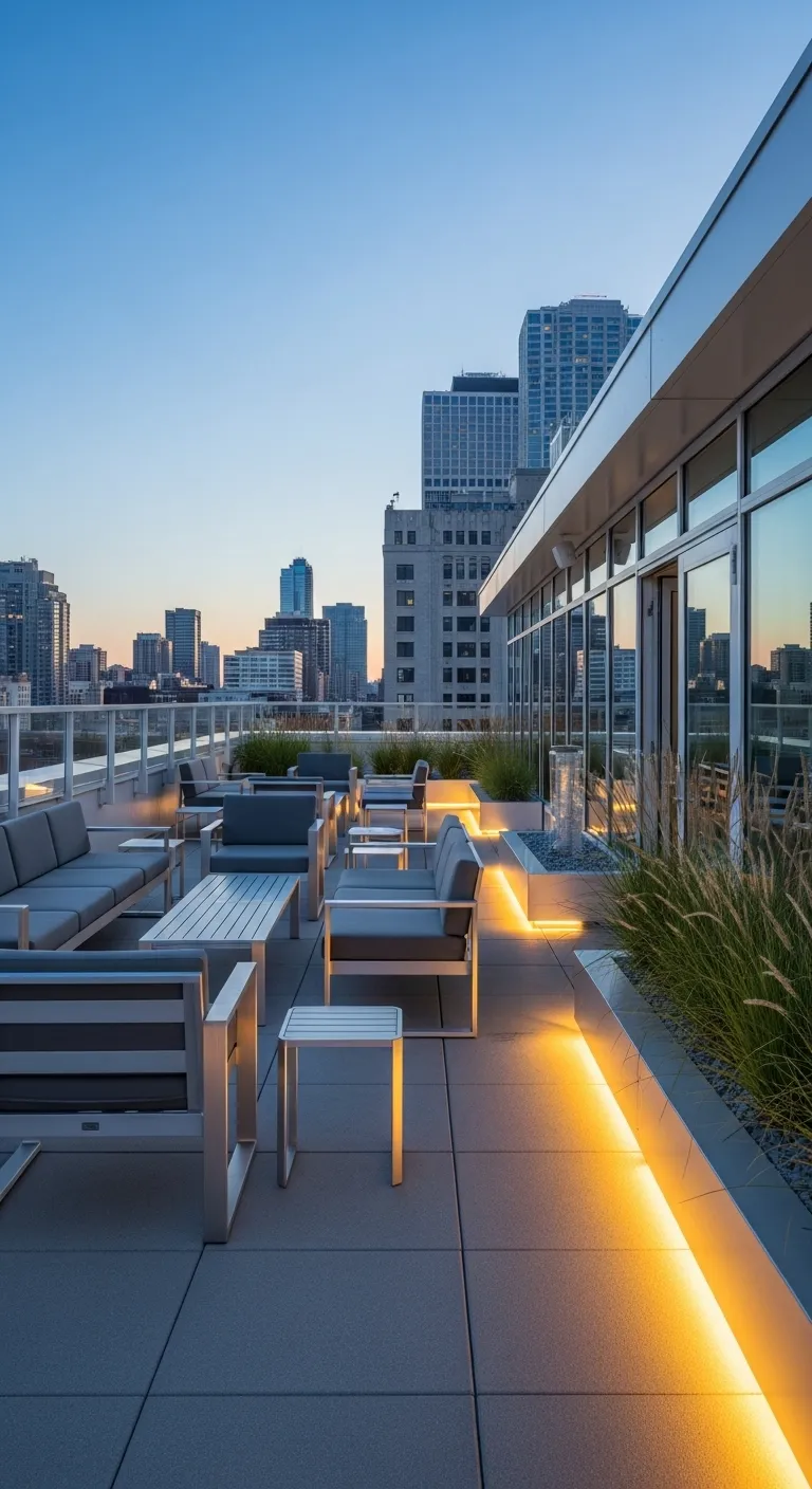 Modern minimalist rooftop terrace with lightweight furniture and ambient lighting at dusk