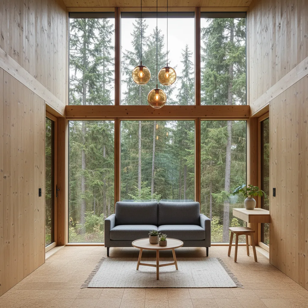 Interior of a sustainable modular cabin with wood paneling and large windows