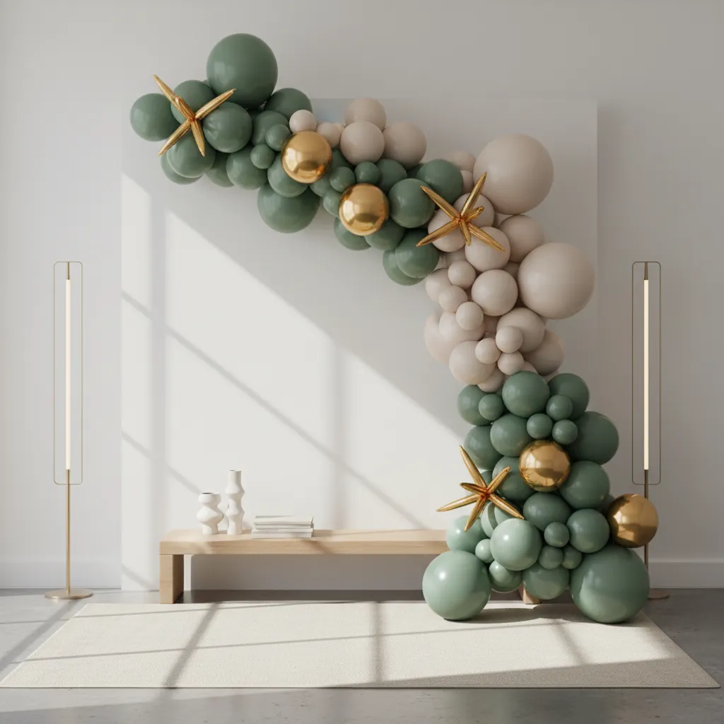 Organic monochrome balloon garland in sage and cream with gold accents for graduation party