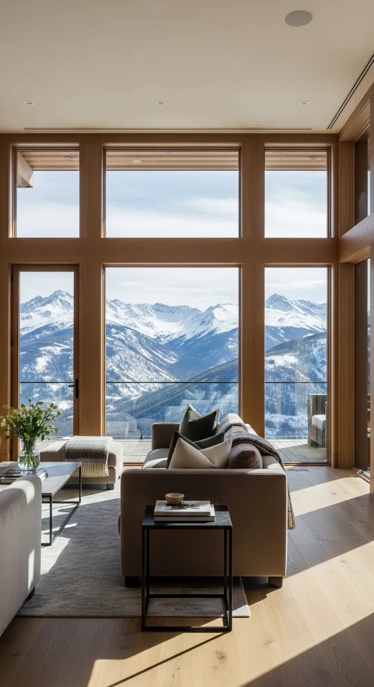 Floor to ceiling windows in a mountain home overlooking snowy peaks