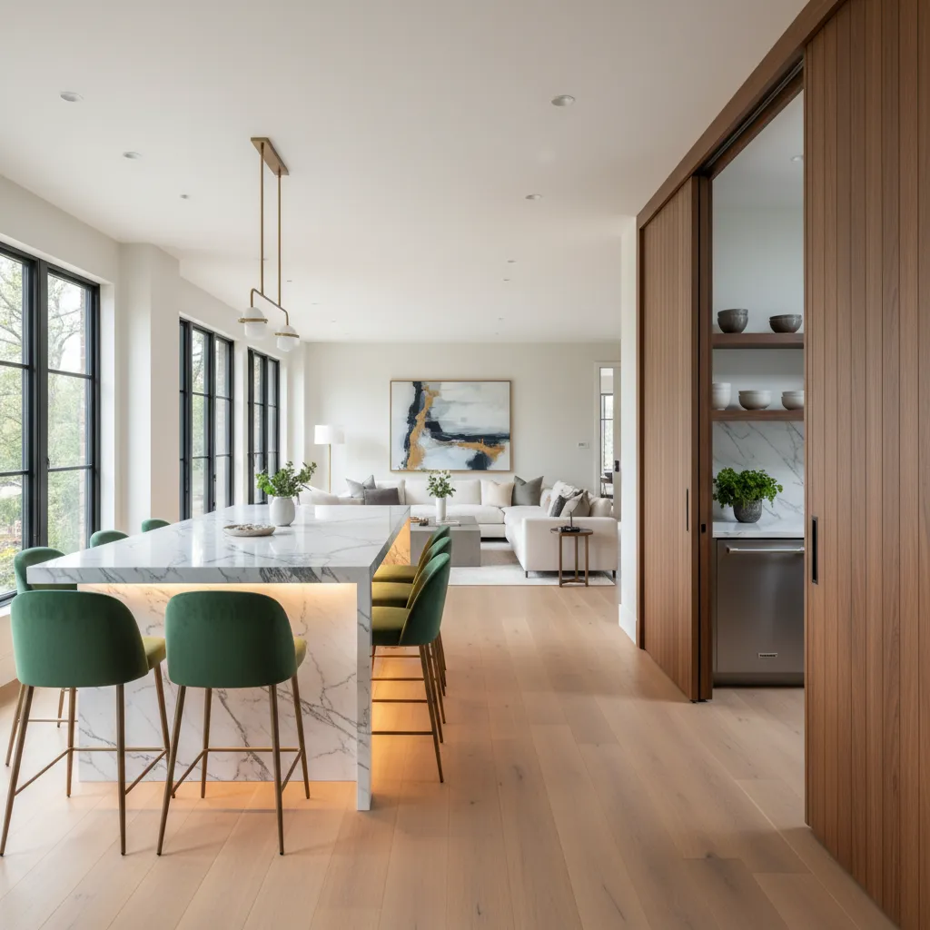 Modern open concept kitchen featuring a hidden scullery and marble island for entertaining