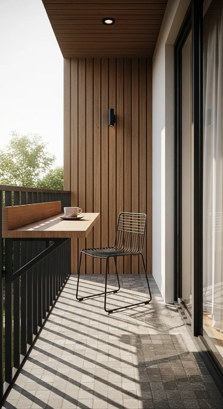 Rail mounted wooden table on a narrow modern balcony with bistro seating