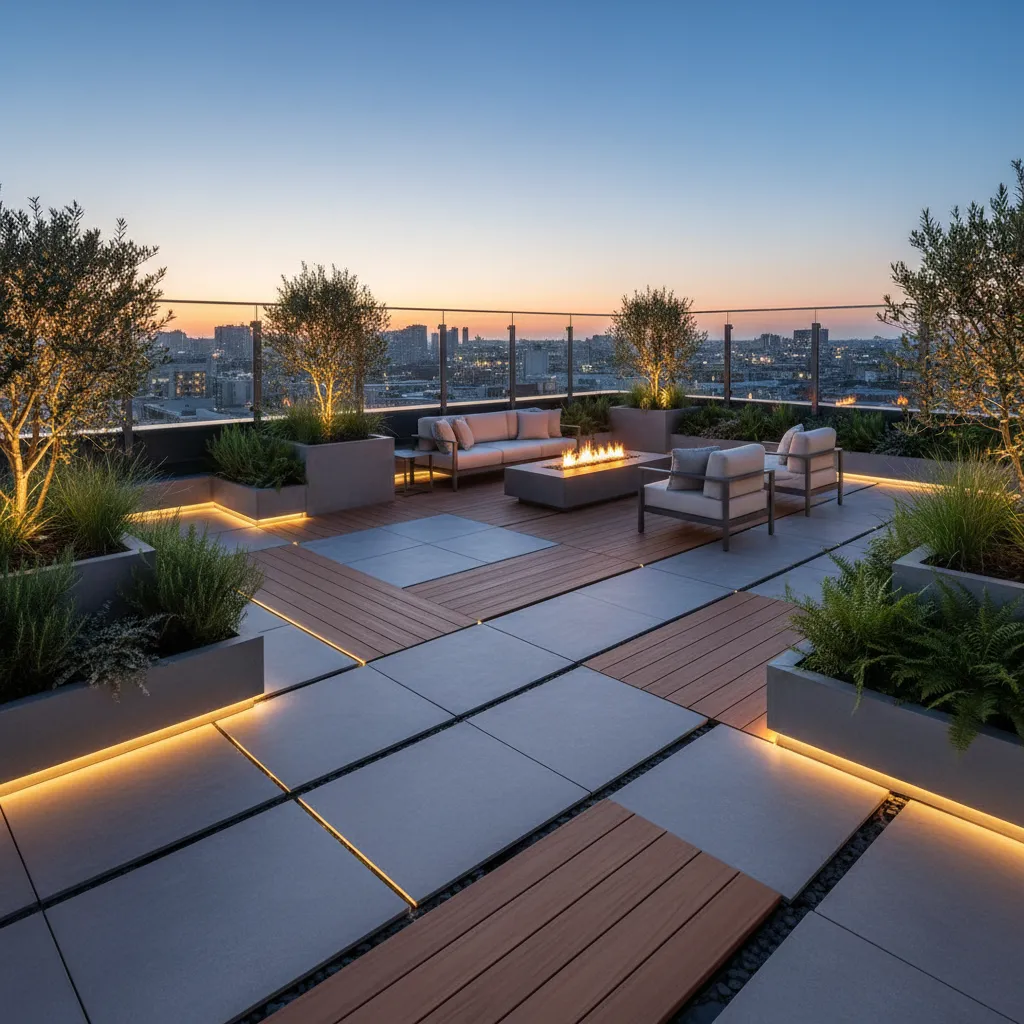 Rooftop terrace flooring combining grey porcelain pavers and warm wood composite decking