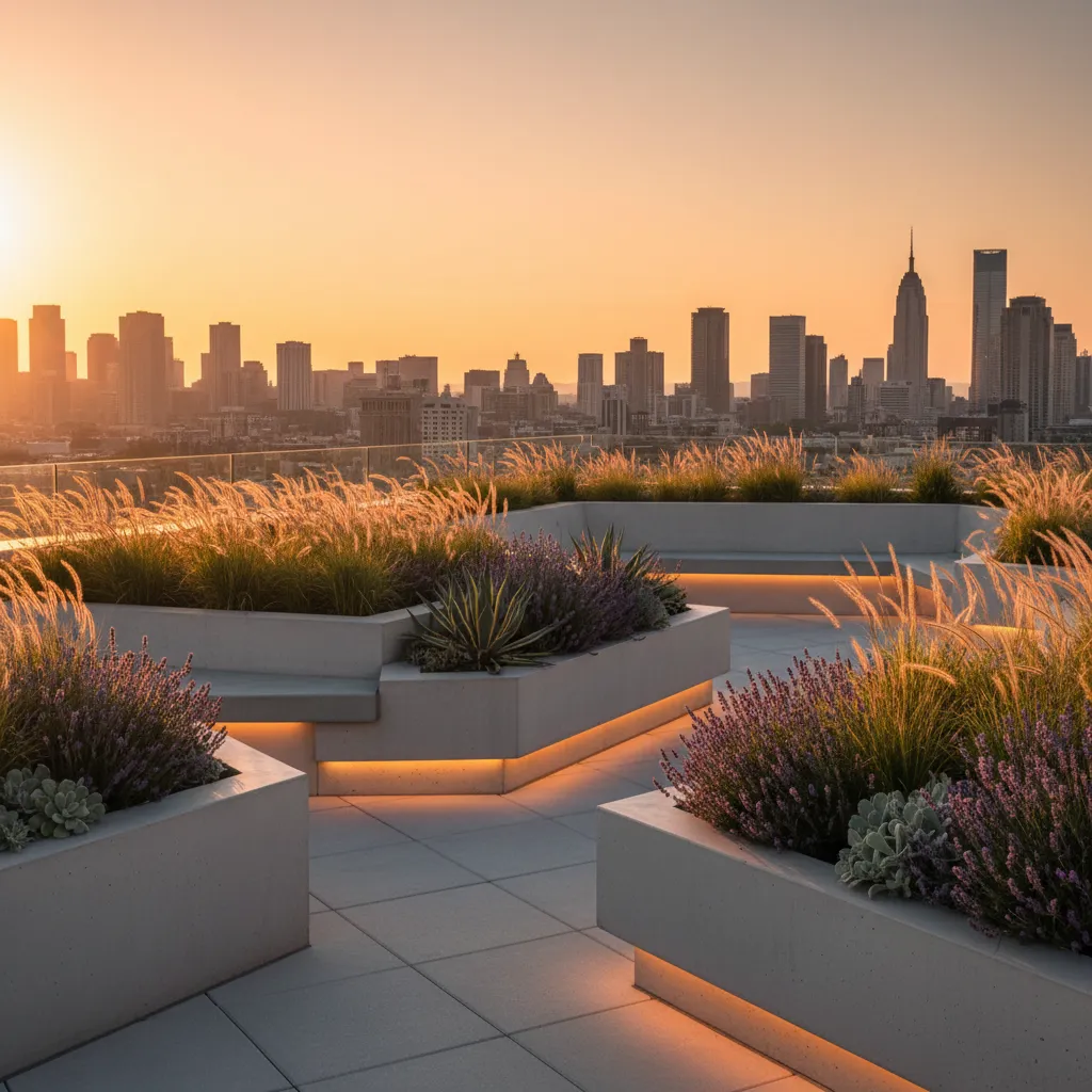 Modern rooftop terrace featuring drought-tolerant plants in concrete planters
