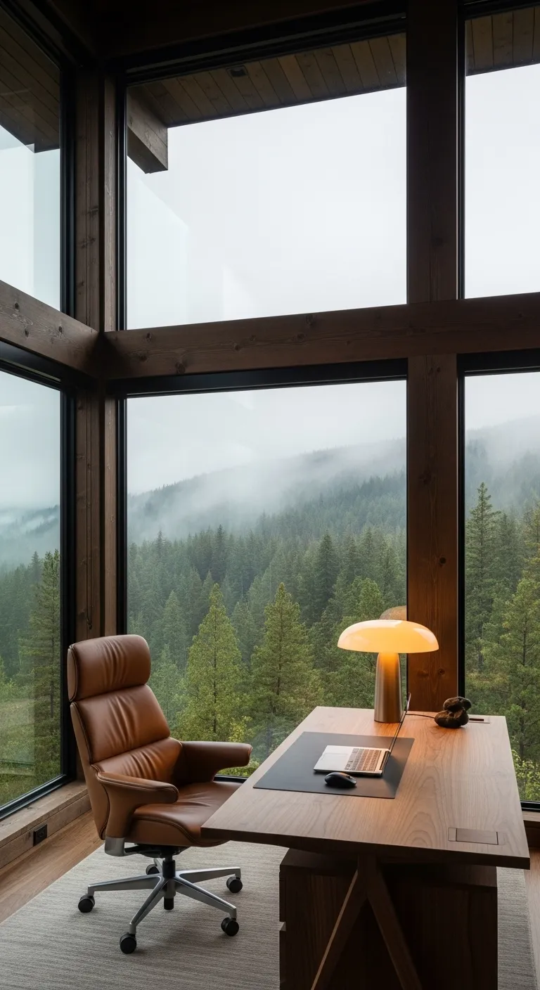 Luxury cabin home office with walnut desk and floor-to-ceiling forest windows