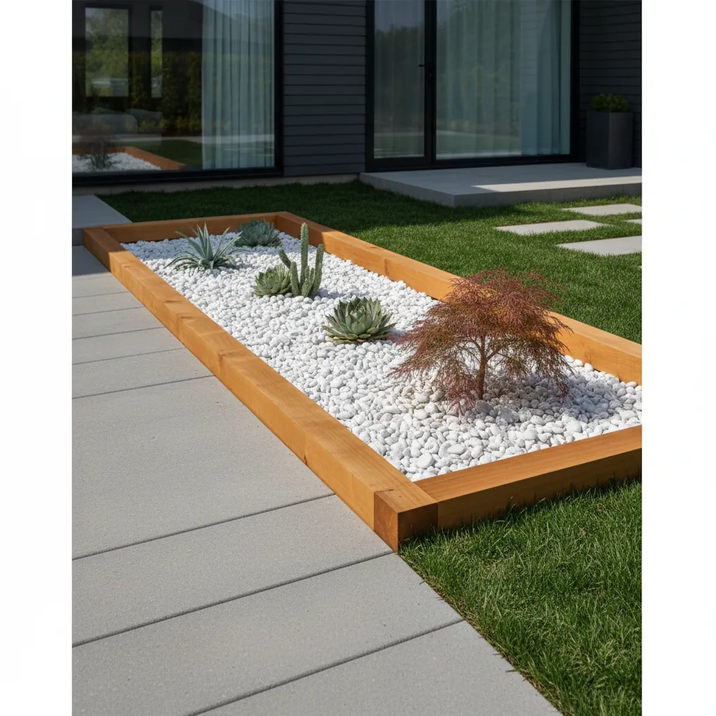 Treated wood timber framing a garden bed with white stones