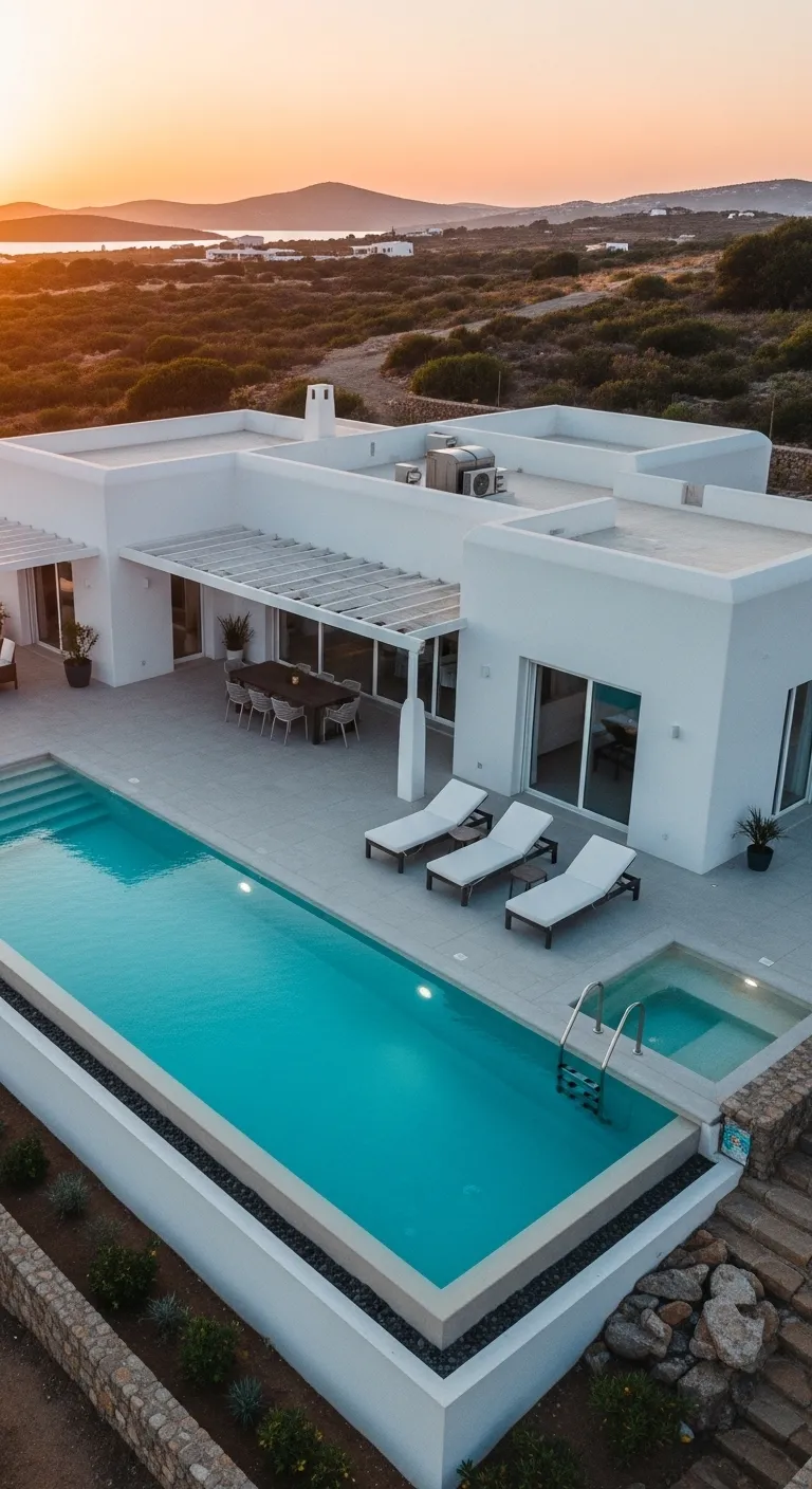 Aerial view of modern U-shaped villa architecture design with central infinity pool