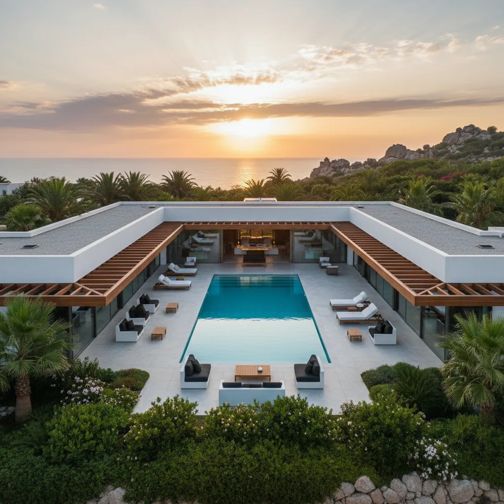 Aerial view of a U-shaped luxury home with a central infinity pool, illustrating the Modern Villa Summer Architecture House Floor Plans Design Layout.
