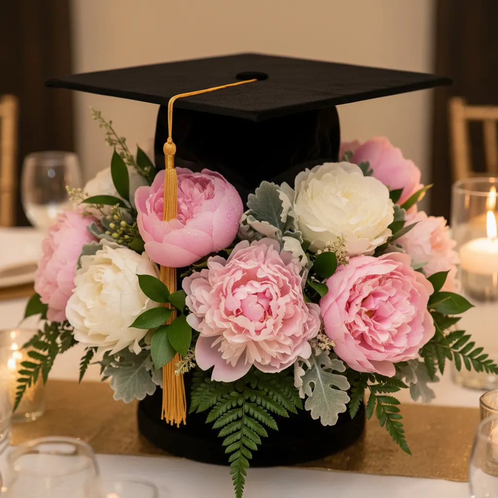 A black mortarboard cap acting as a base for a lush floral arrangement.