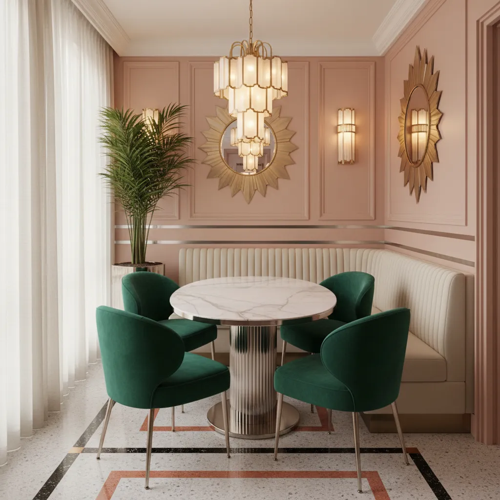 Narrow dining room with a round pedestal table in Art Deco style