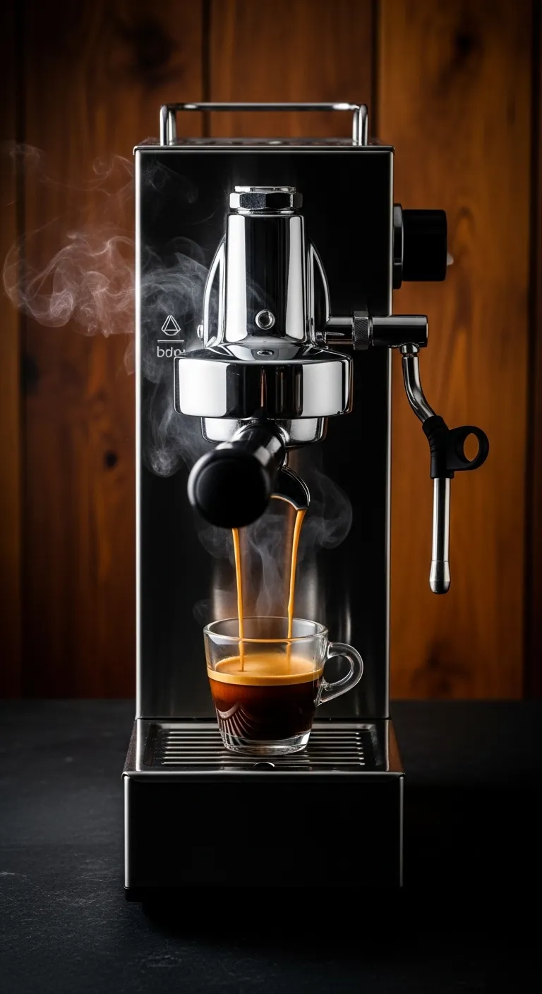 Sleek narrow stainless steel espresso machine brewing coffee in a moody kitchen