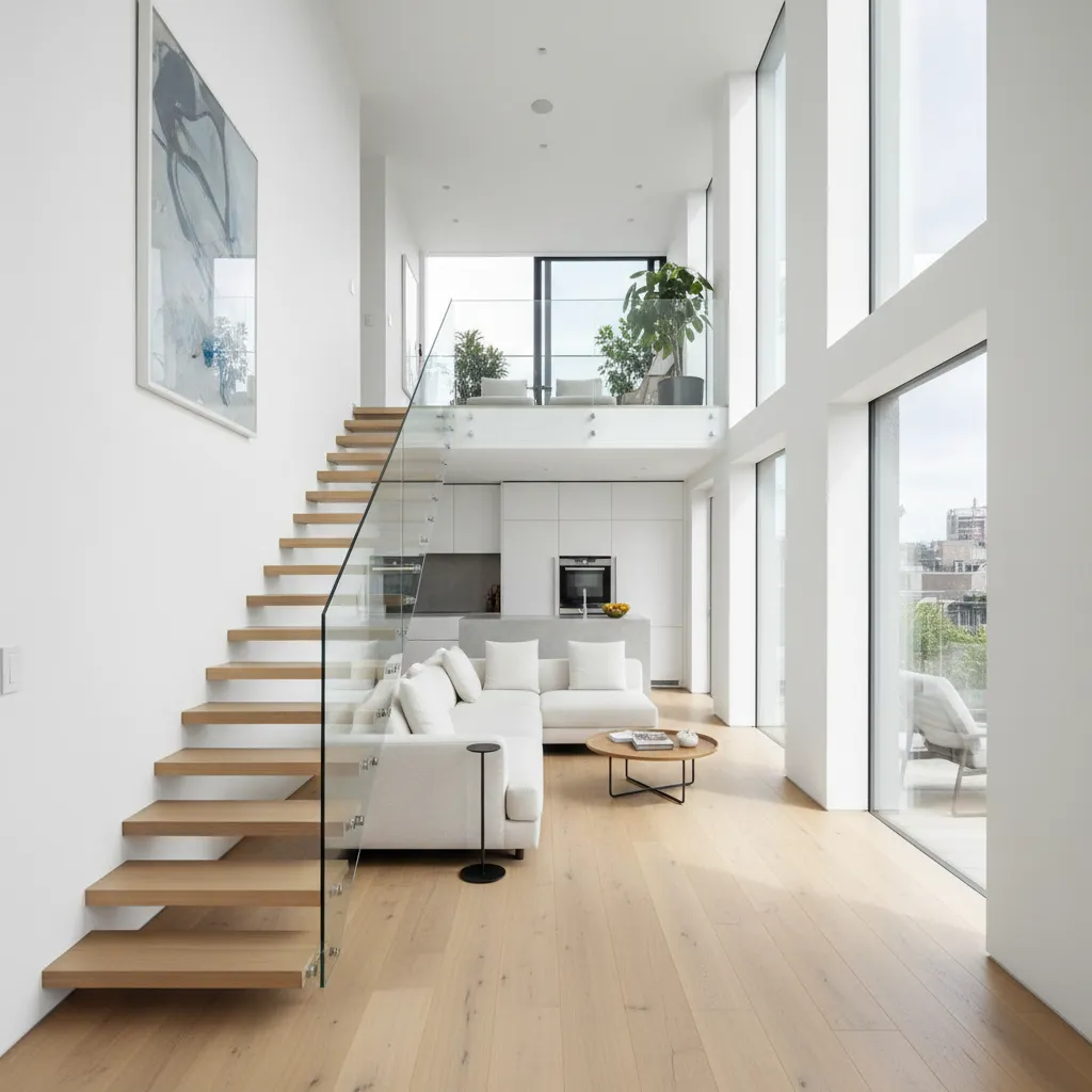 Modern narrow living room with floating staircase and bright natural lighting