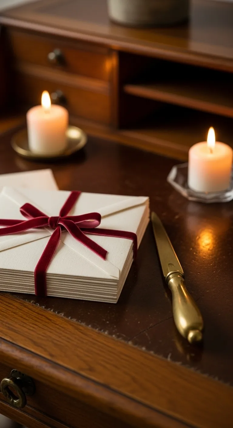 Open When Letters DIY Gift Kit Stack of open when letters with wax seals and velvet ribbon on a wooden desk