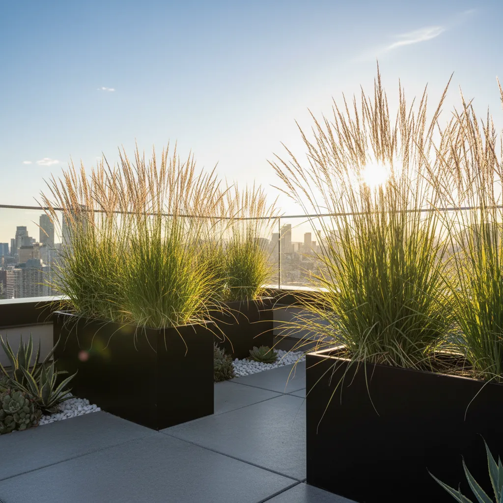 Ornamental grasses in modern black planters on a rooftop terrace