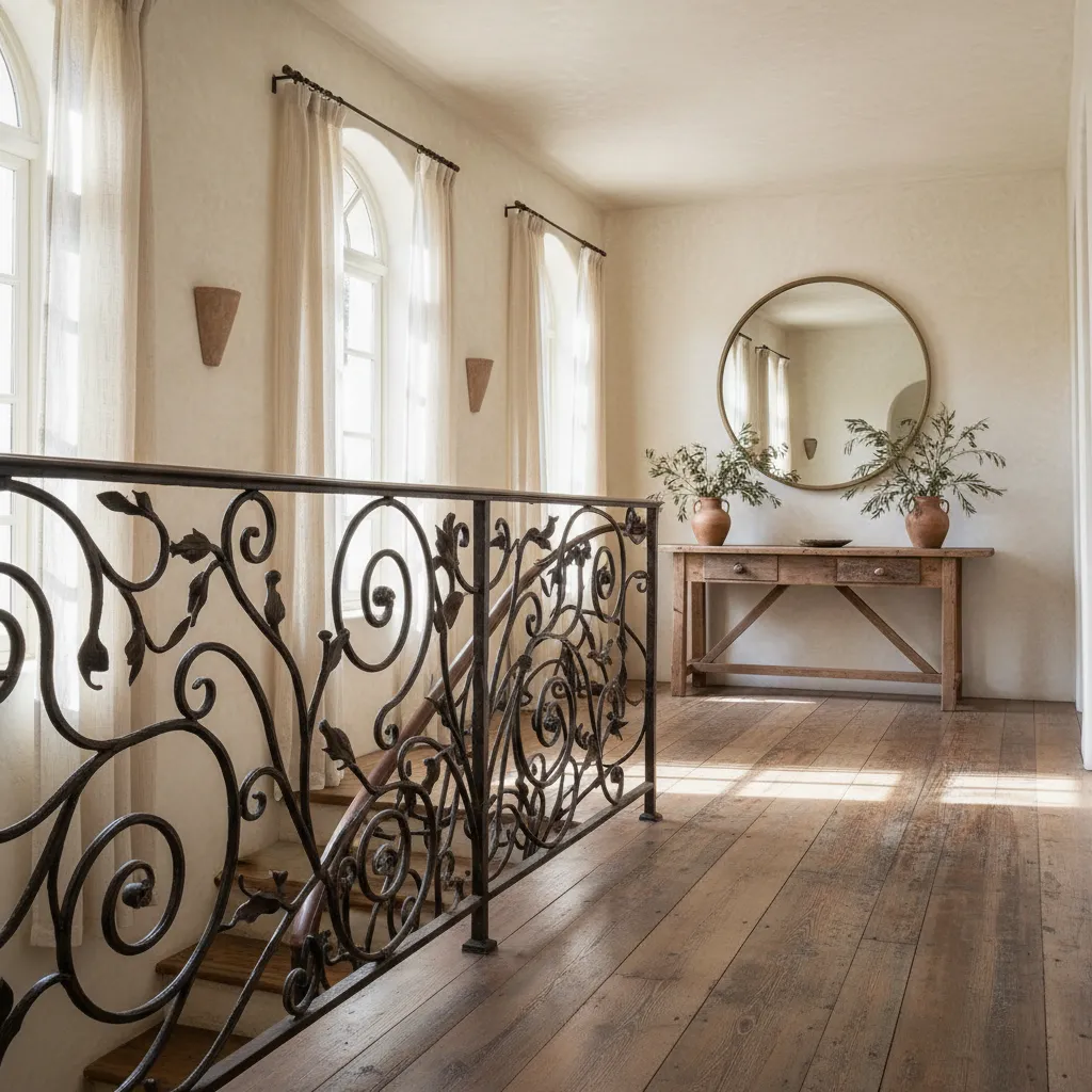 Intricate wrought iron scrollwork on a Mediterranean staircase