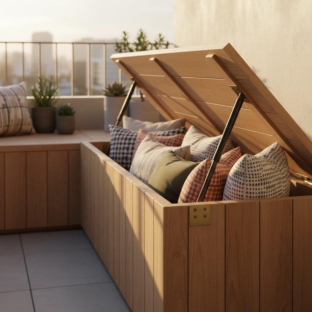 Close up of wooden outdoor bench seat lifting up to show storage compartment for pillows