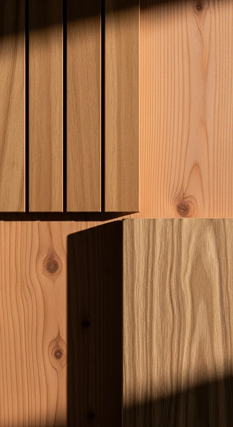 Close up texture comparison of teak cedar and treated pine wood for outdoor furniture