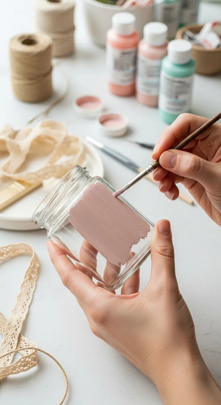 A person's hands applying blush pink chalk paint to a clear glass jar for a DIY Galentine's centerpiece craft.