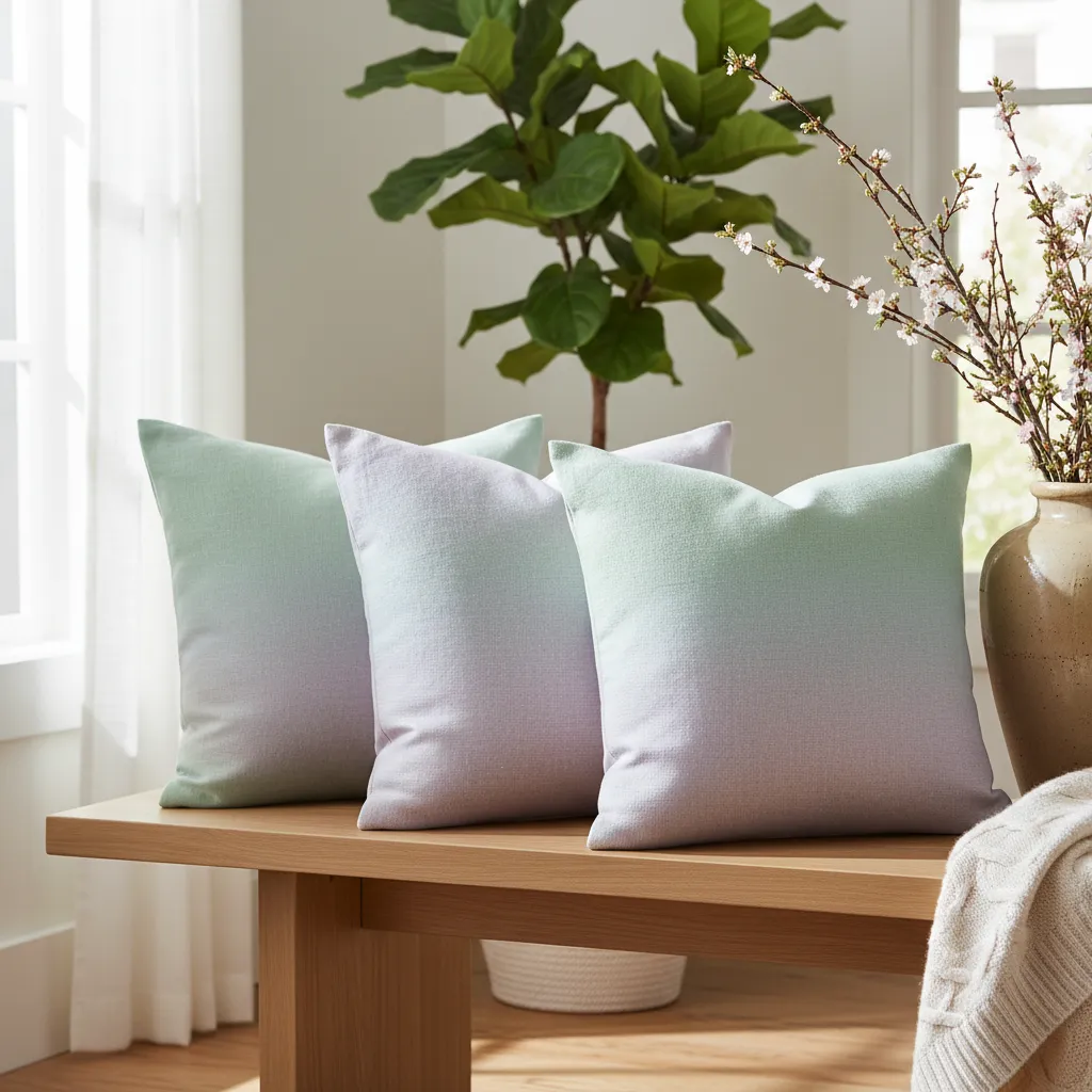 DIY pastel ombre linen throw pillows on a bench