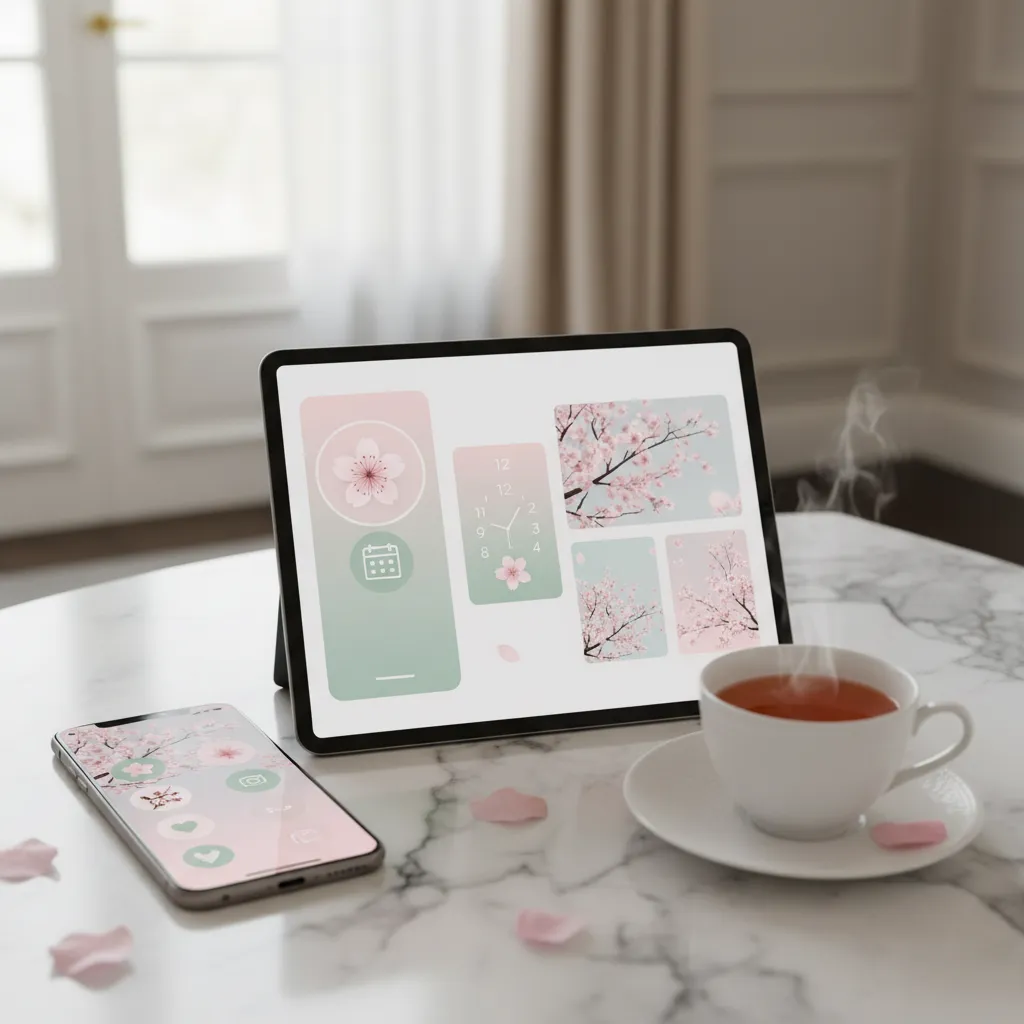 Smartphone and tablet showing custom pink floral widgets and color codes