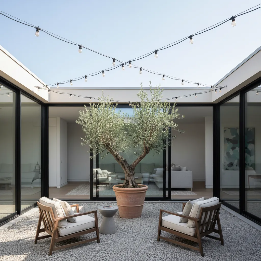 Cozy private courtyard with olive tree, gravel landscaping, and comfortable outdoor seating