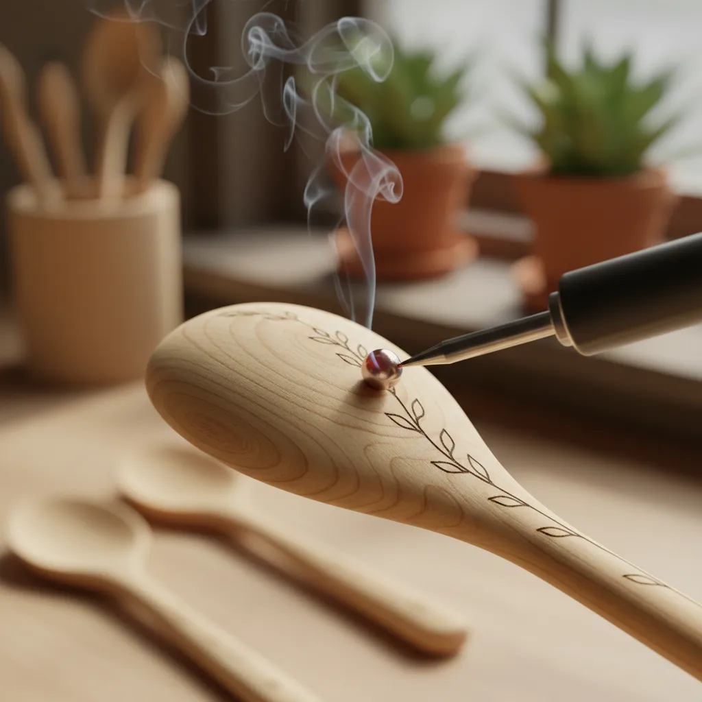 Close up of a wood burning tool tip creating a curved line on a wooden spoon