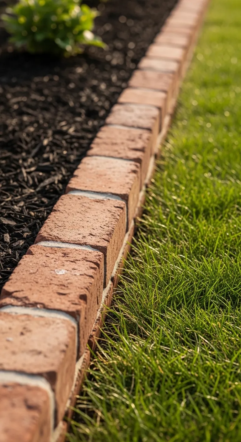 Red brick garden border separating green grass from dark mulch bed