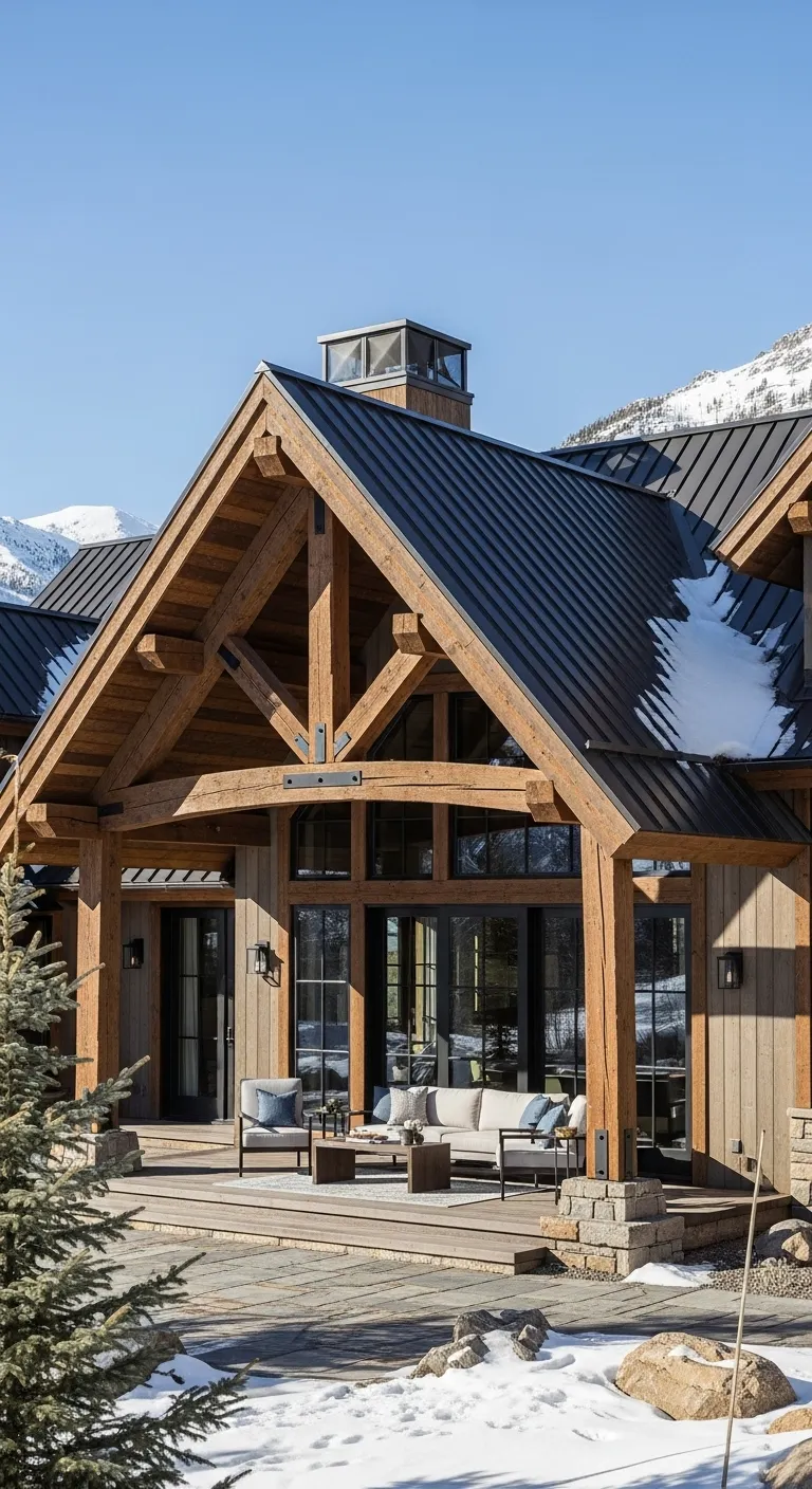 Luxury mountain home with reinforced timber beams and steep roof