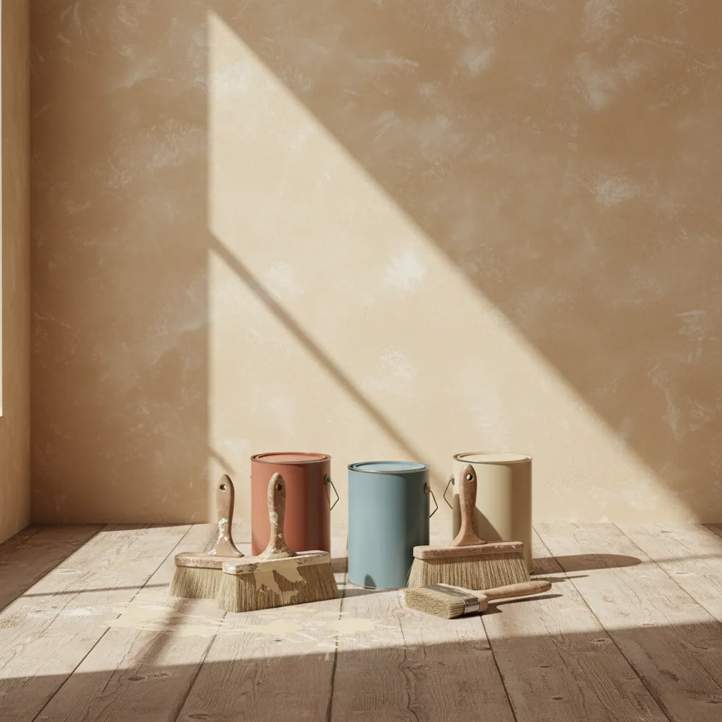 Tools and paint cans for creating a DIY lime-wash wall effect.