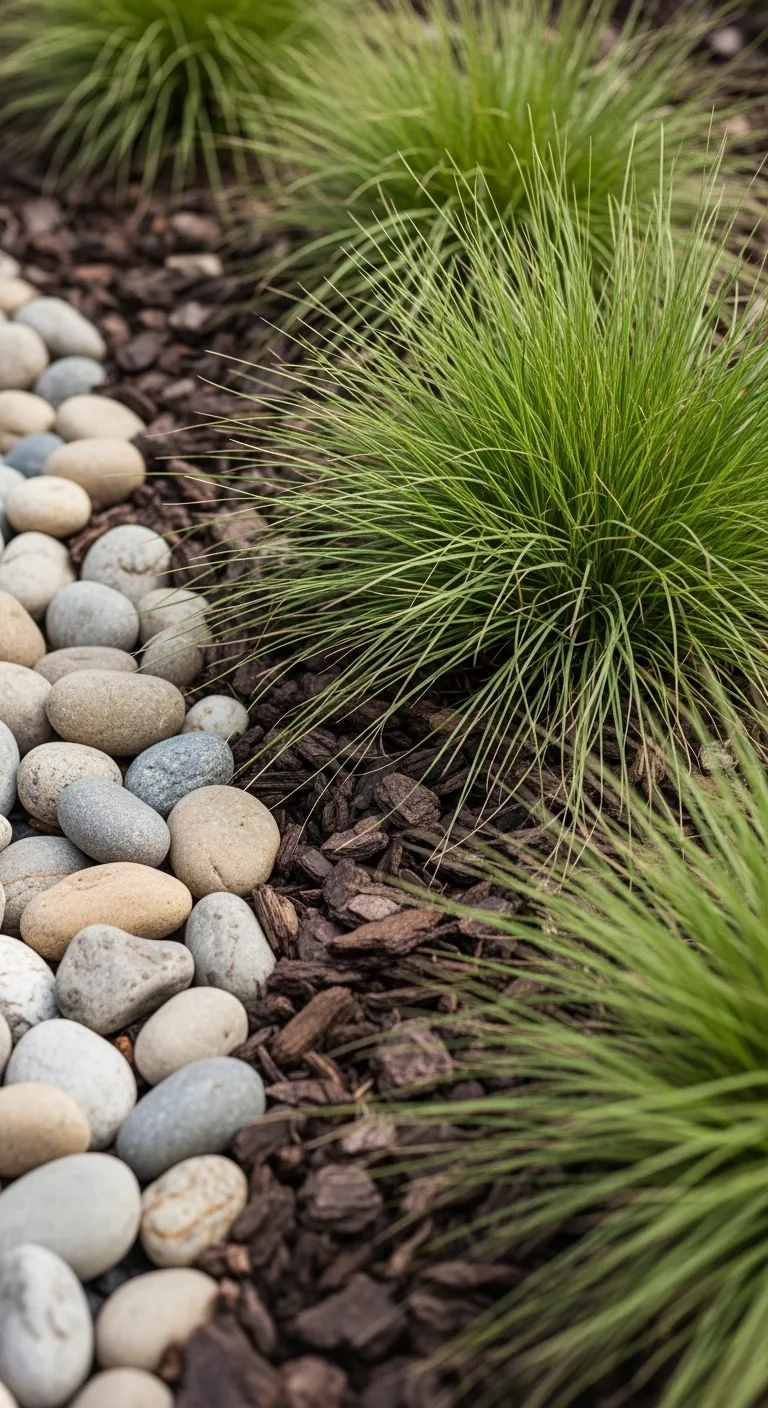 River Rock and Mulch Texture Detail Close up of river rocks and mulch textures in a garden bed