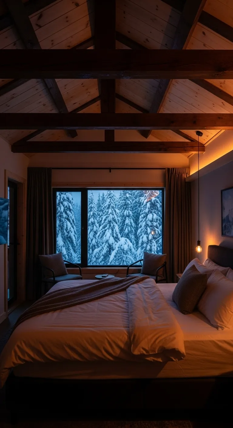 Cozy cabin bedroom featuring exposed wood beams and large window overlooking a forest