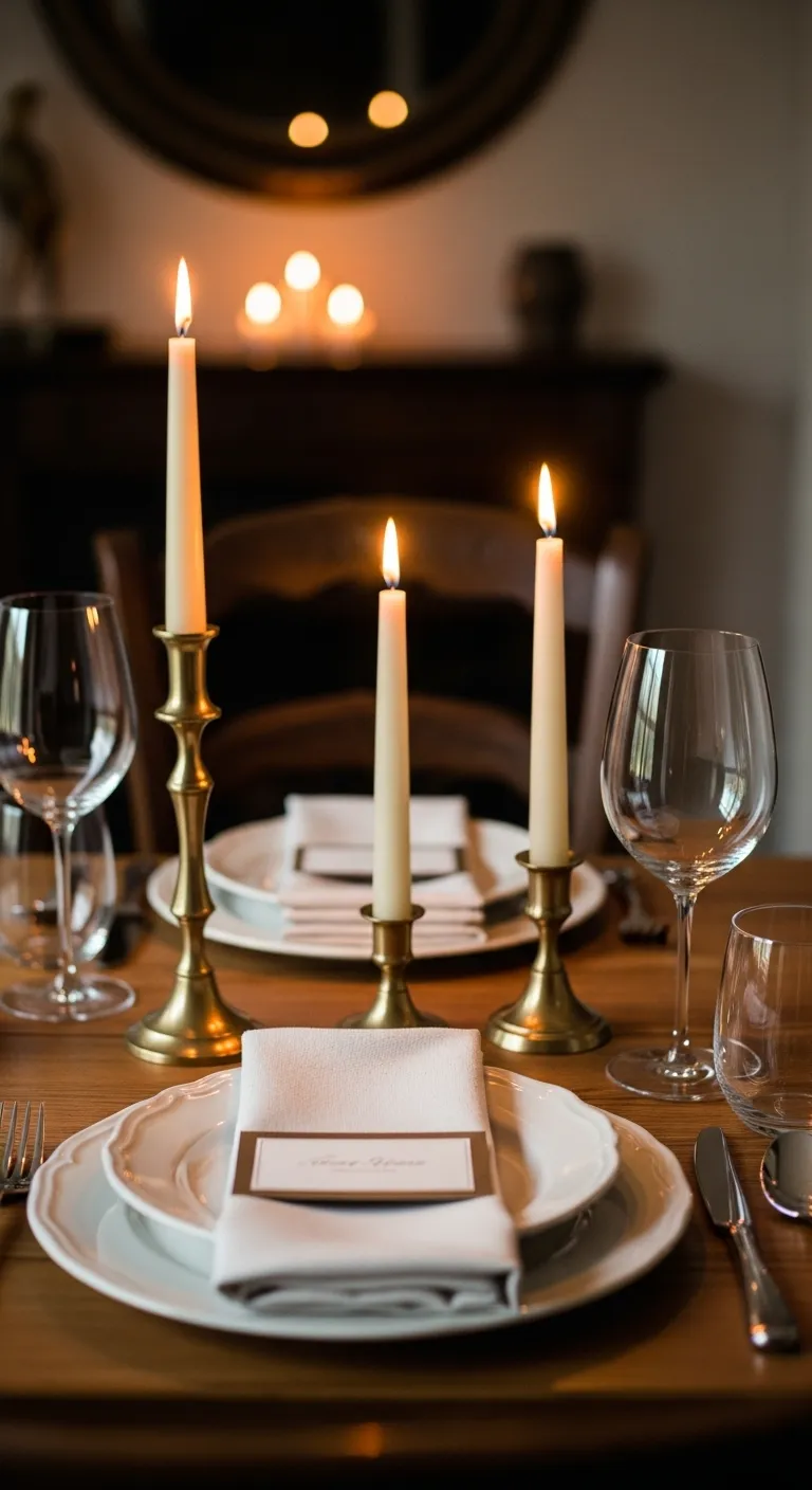 Brass candlesticks with lit tapers on a rustic wood table