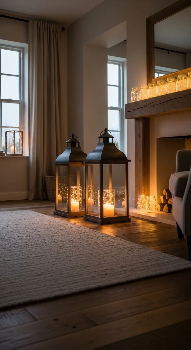 Rustic lanterns and mason jar lights creating a cozy valentine atmosphere in a farmhouse living room