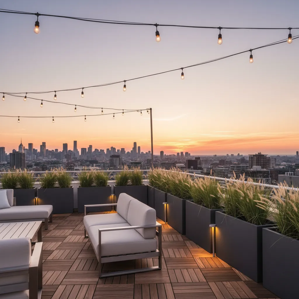 Modern rooftop terrace featuring lightweight planters, wood decking, and sleek furniture overlooking a city skyline.