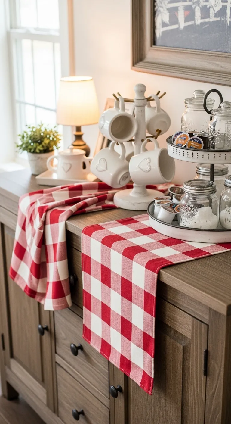 Wooden coffee station with buffalo check runner and heart-shaped mugs