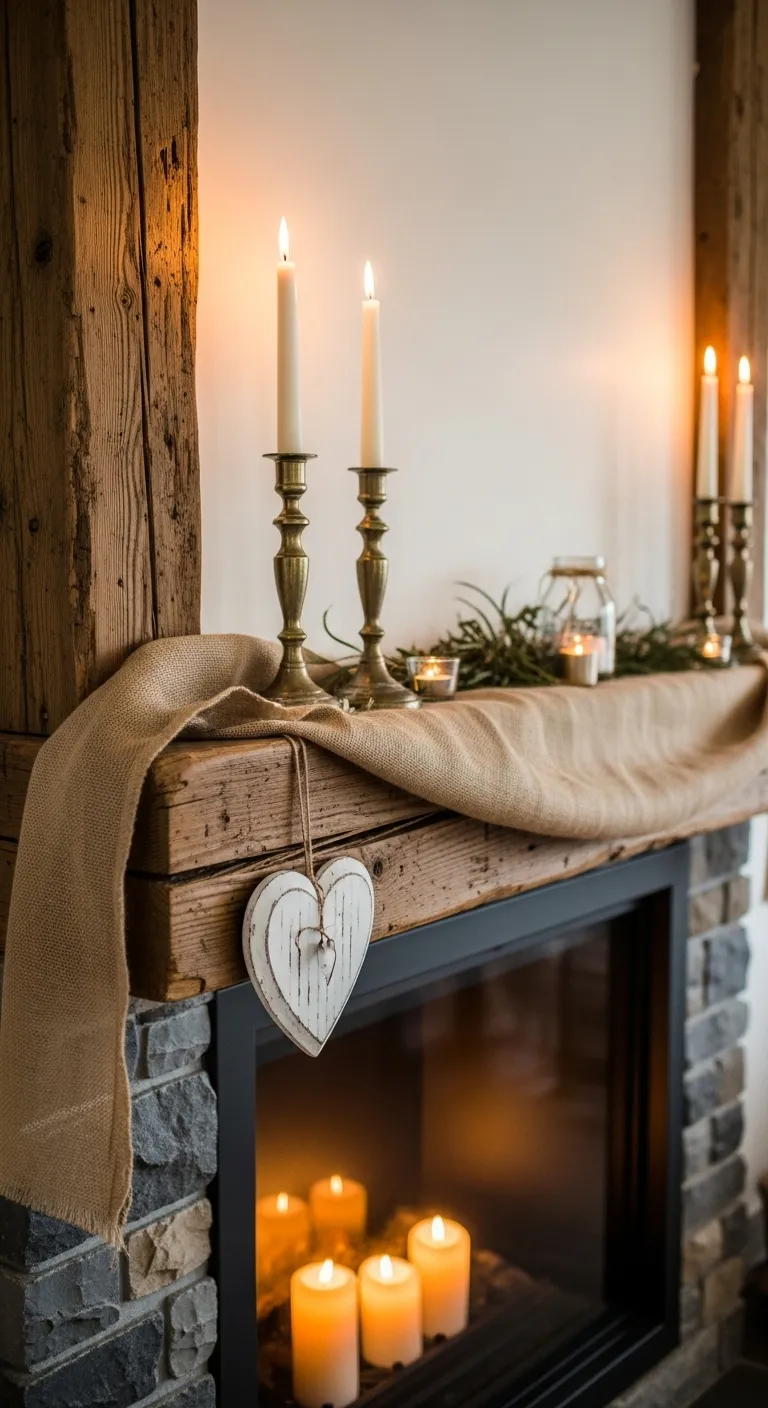 Distressed wood mantel styled with burlap accents and candlelight for valentines day