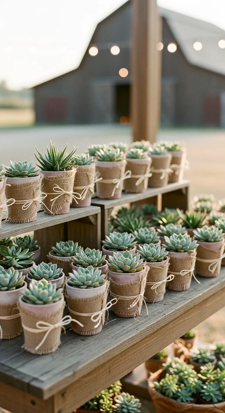 Mini succulent wedding favors in terracotta pots arranged on a rustic wooden table with burlap accents