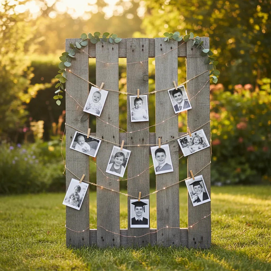 DIY rustic wooden pallet photo display with string lights and greenery for graduation party decoration