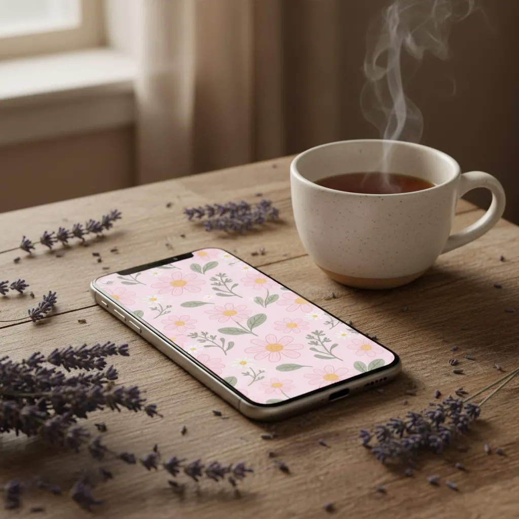 Smartphone with pink flower lock screen on rustic wood table