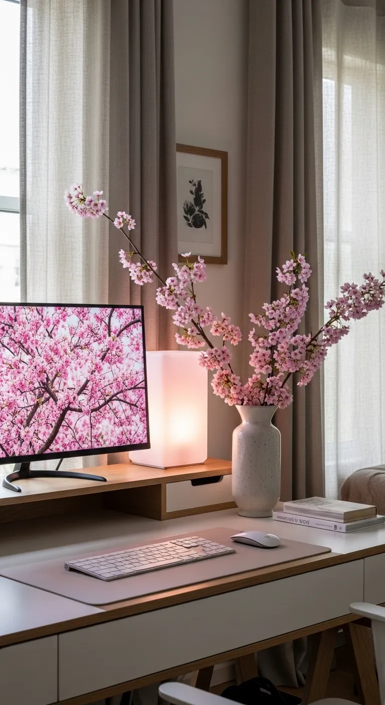 Modern desk setup with pink cherry blossom computer background and matching floral decor