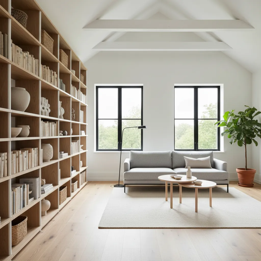 Modern Scandinavian loft interior featuring light wood floors and floor-to-ceiling storage shelves