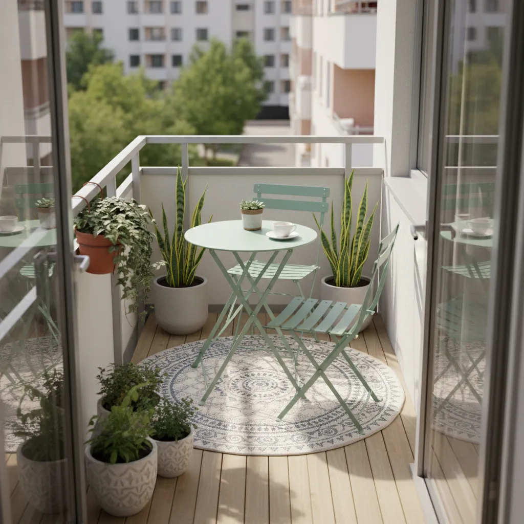 Foldable bistro furniture set on a small balcony with potted plants