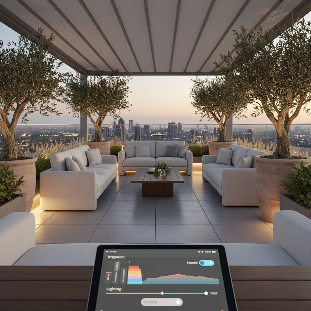 Luxurious modern rooftop terrace with smart lighting and irrigation systems at twilight