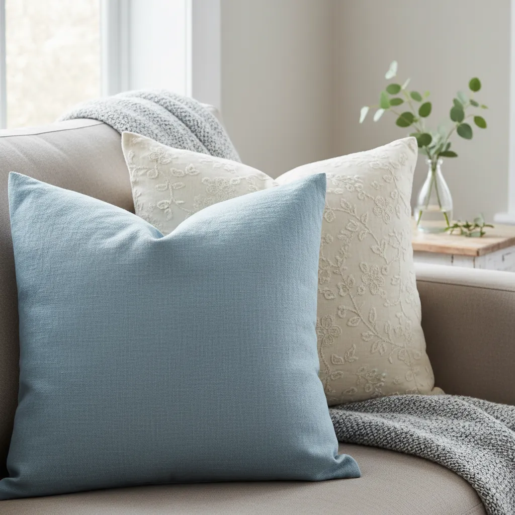 Close up of linen and cotton pillows for spring