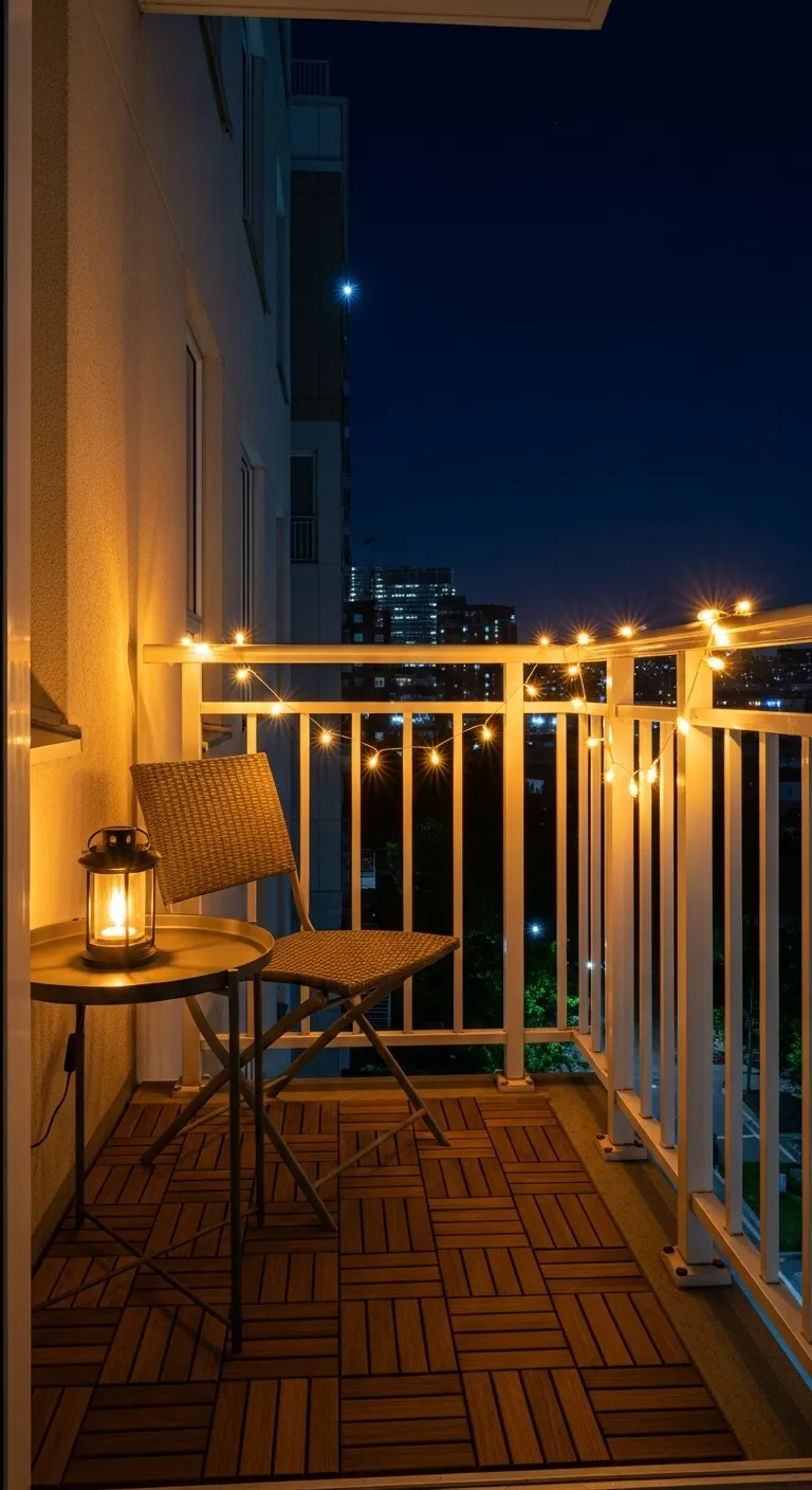 Warm ambient solar lighting draped on a balcony railing at night