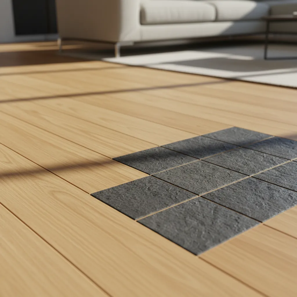 Spruce and Deepslate Textural Contrast Close-up of light wood and dark stone floor transition