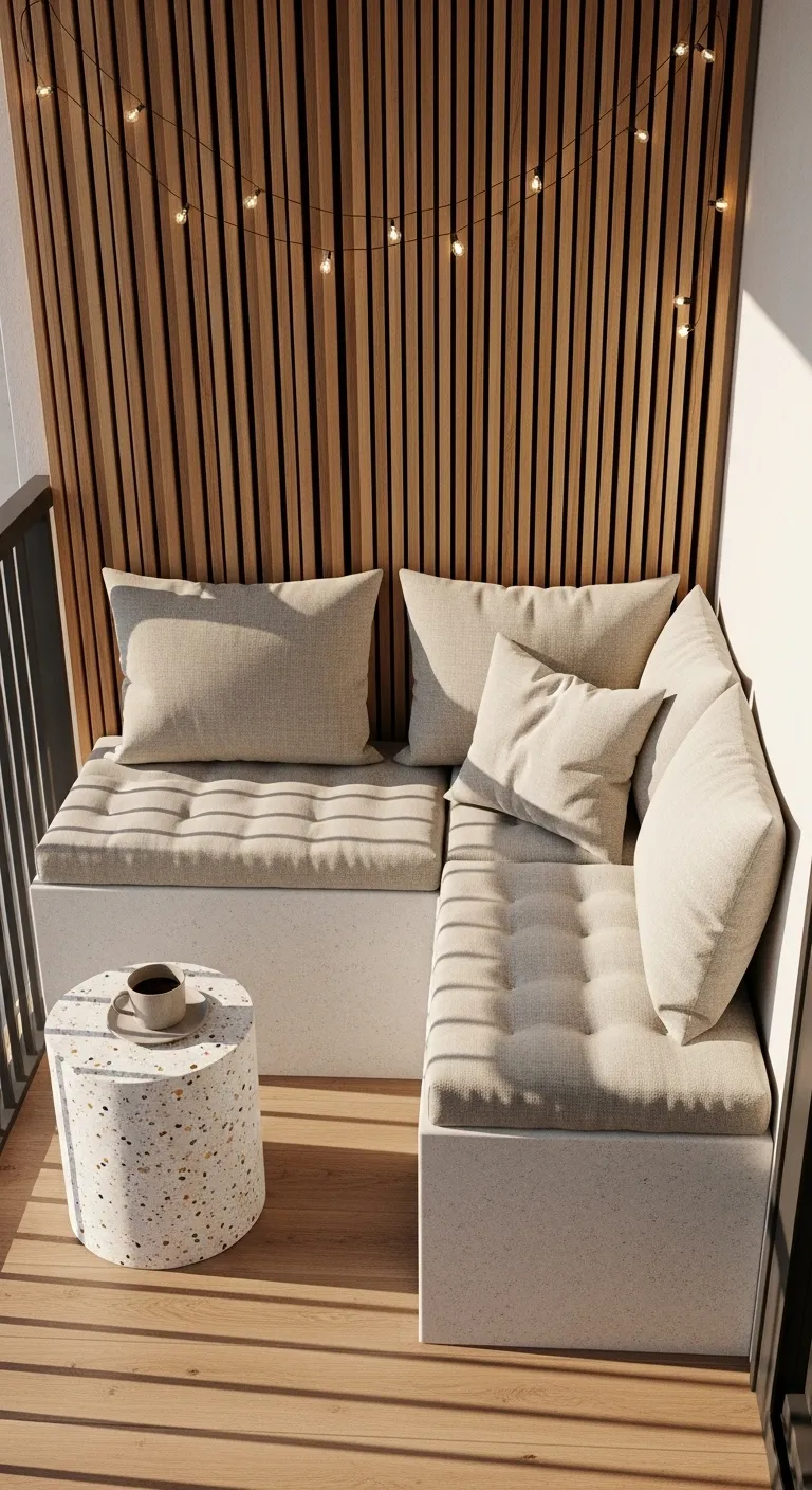 Small square balcony design with corner bench seating and wood slat privacy screen